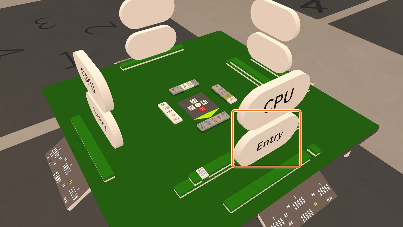 枠の中が Entry 対局の途中で Sync&Entry を押した後。手牌が伏せられ、席の前に Entry と CPU が出ている